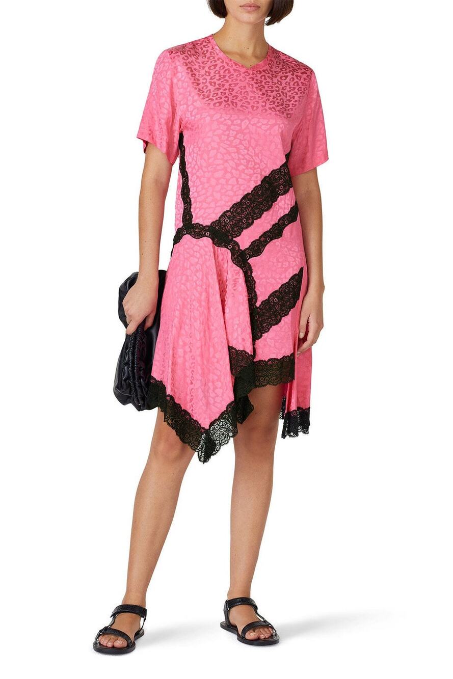 Koche Tee Dress Women's Size 40 US 8 Pink Leopard Black Lace Trim Short Sleeve